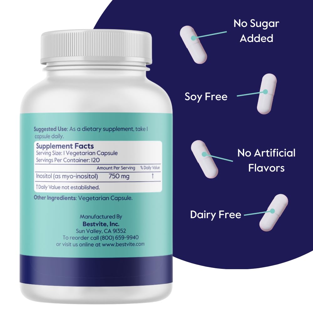 Cápsulas vegetarianas BESTVITE Inositol 750 mg para salud hormonal