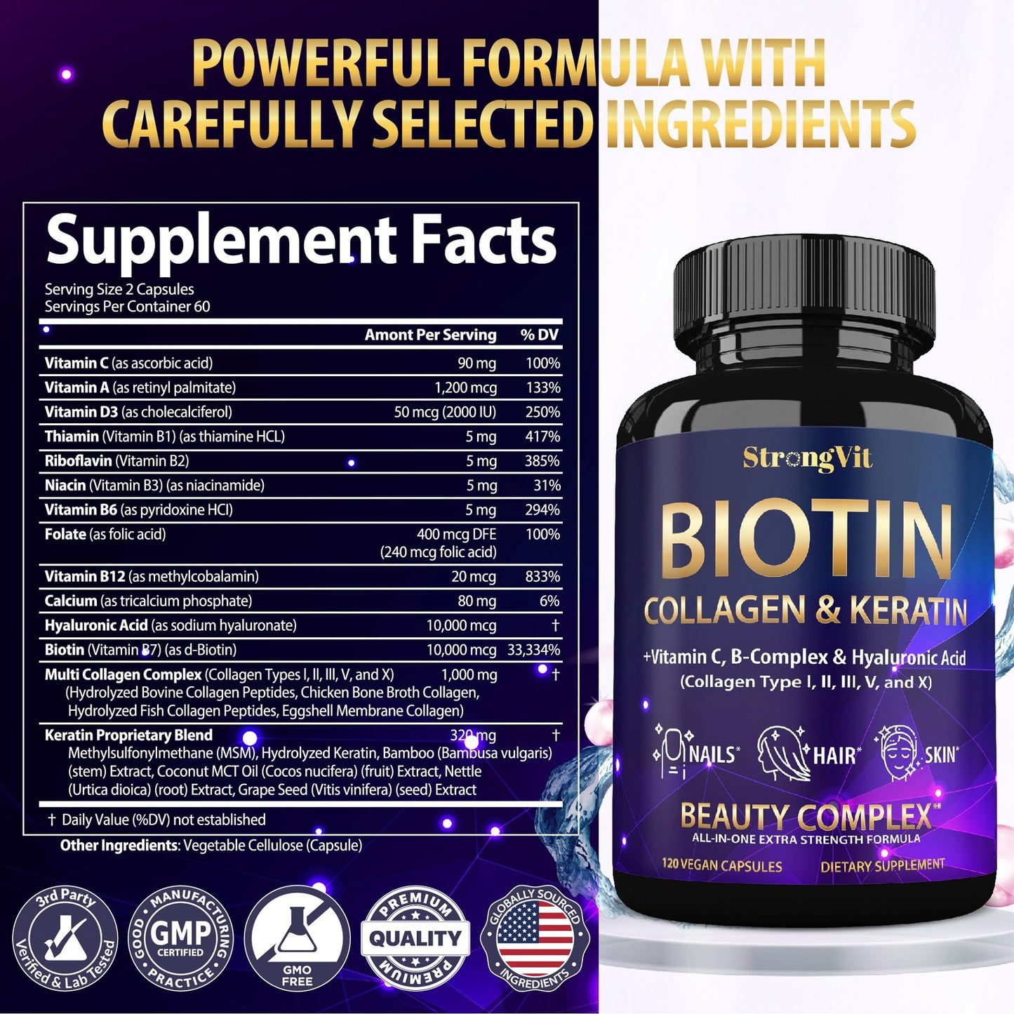 Cápsulas de biotina y colágeno para cabello y piel.