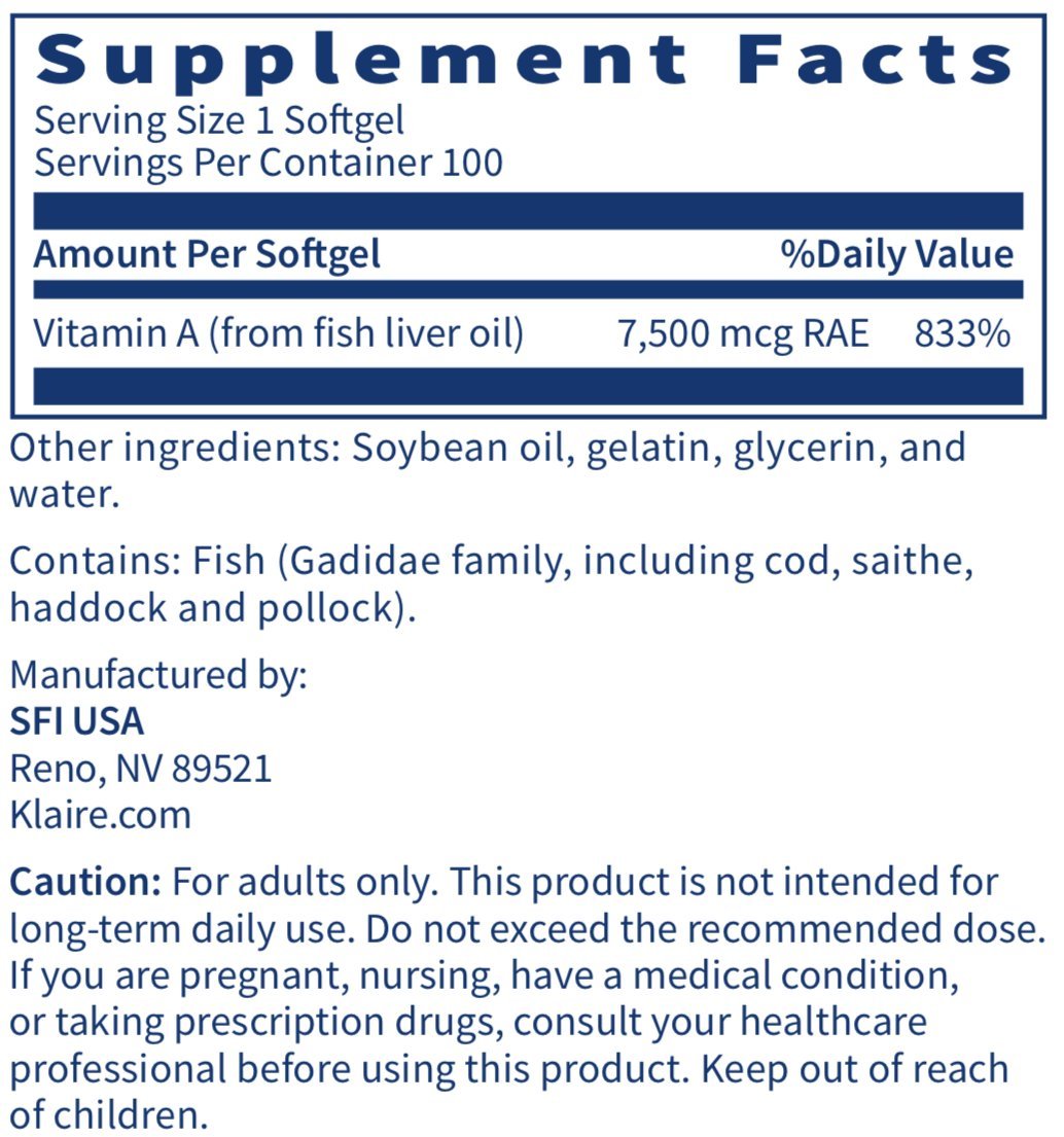 Cápsulas blandas Klaire Labs vitamina A aceite hígado pescado
