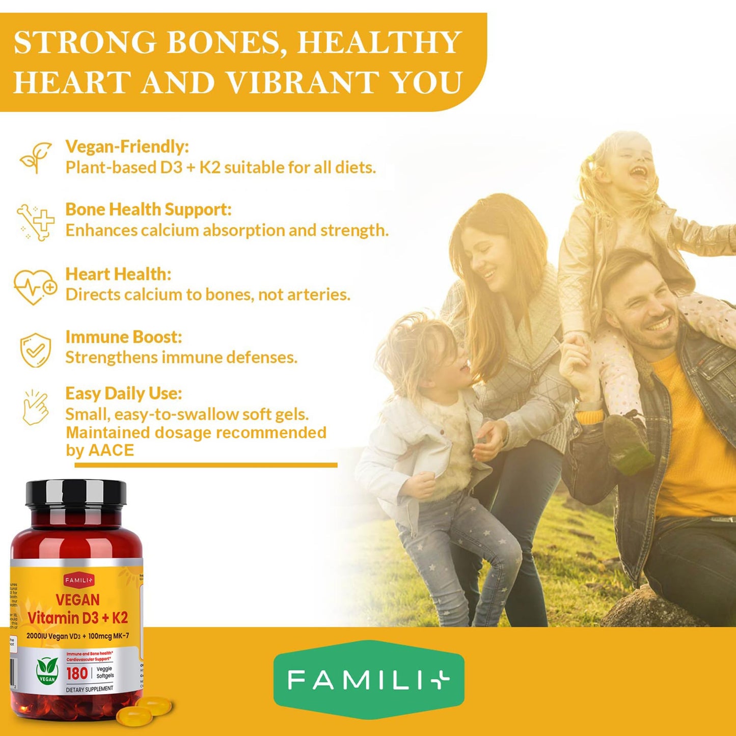 Cápsulas blandas veganas FAMILI+ Vitamina D3 y K2 con aceite MCT