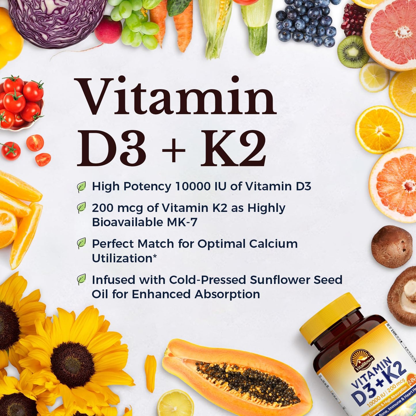 Cápsulas blandas Vitalitown con vitaminas D3 y K2 MK7