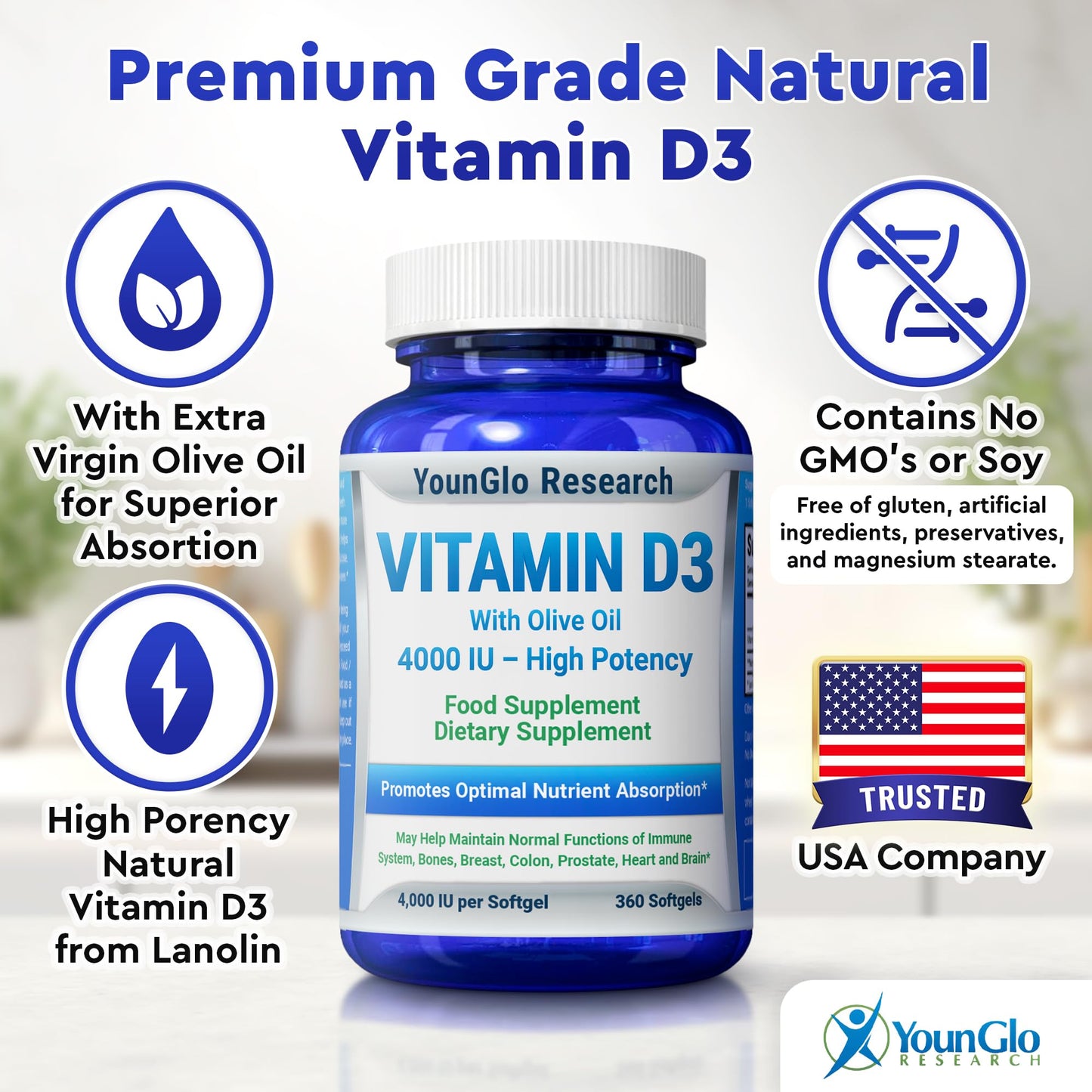 Cápsulas blandas vitamina d3 aceite oliva no ogm YounGlo