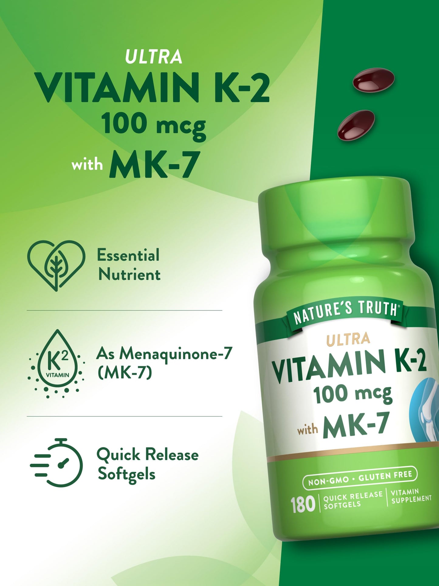 Cápsulas blanda vitamina K2 MK-7 Nature's Truth en mano