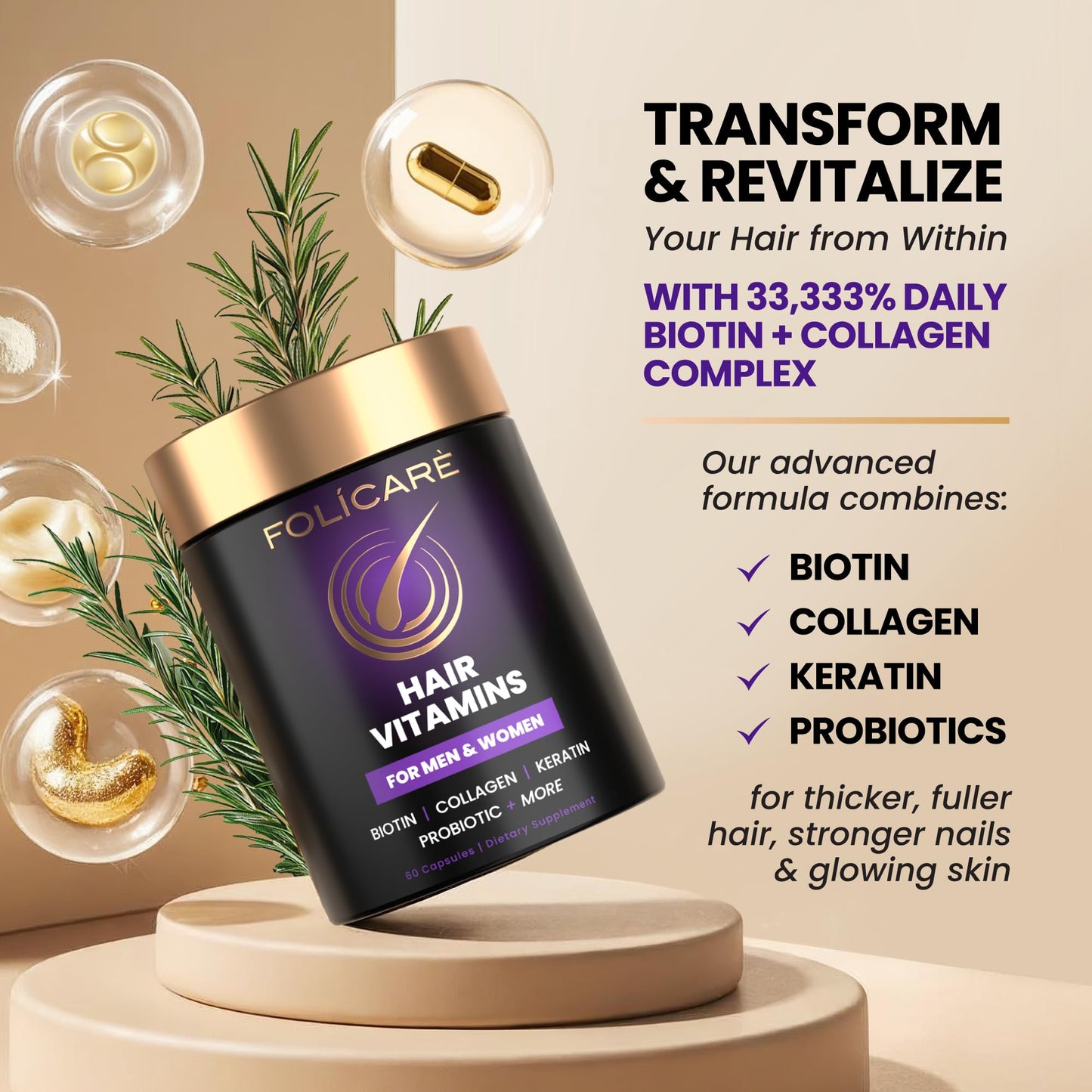 Cápsulas colágeno queratina y probióticos para belleza diaria
