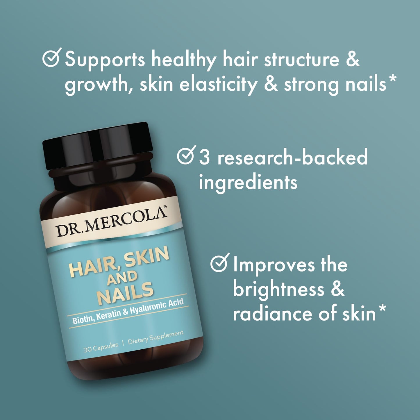 Cápsulas en mano para cabello piel uñas Dr. Mercola