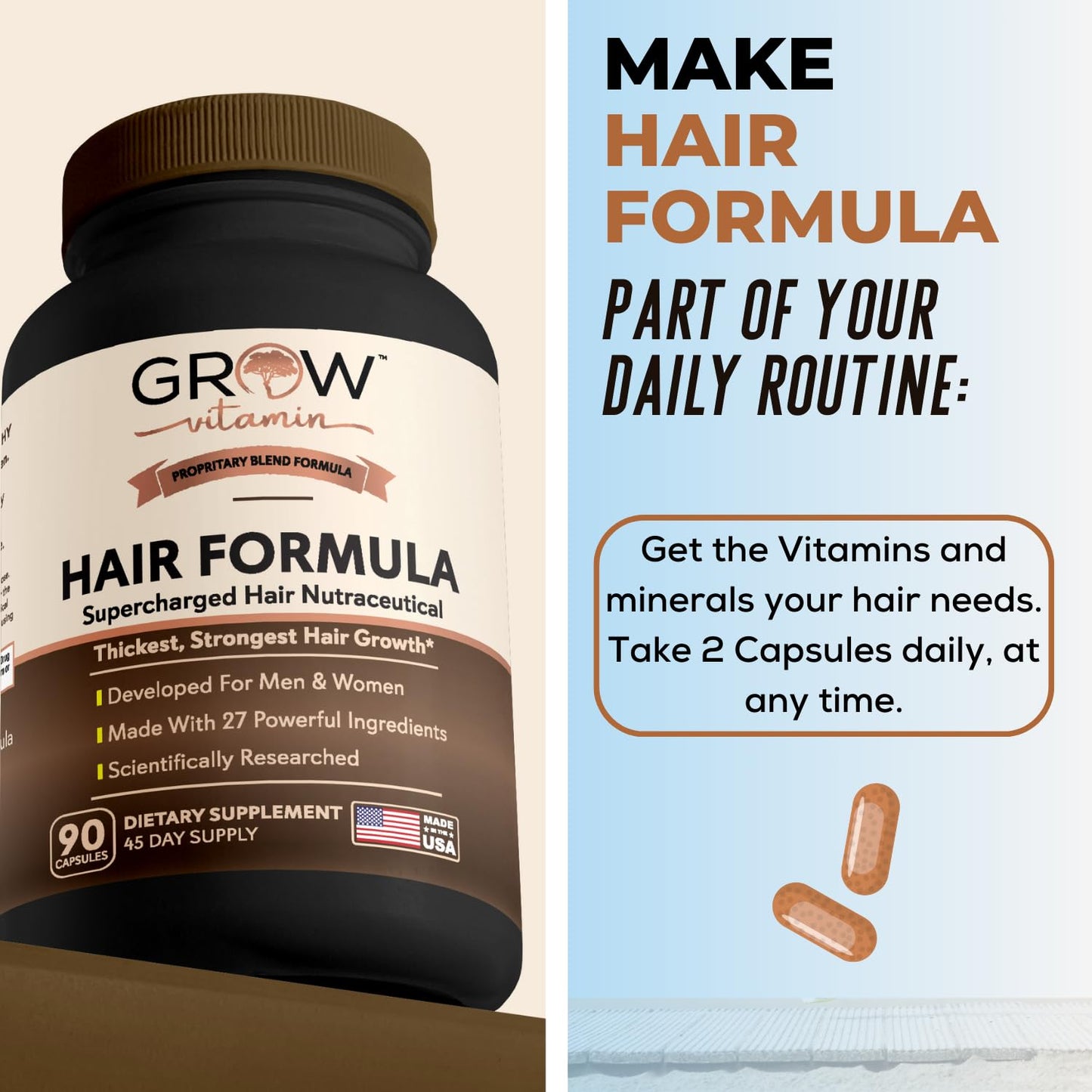 Cápsulas dentro de frasco Grow Vitamin para cabello