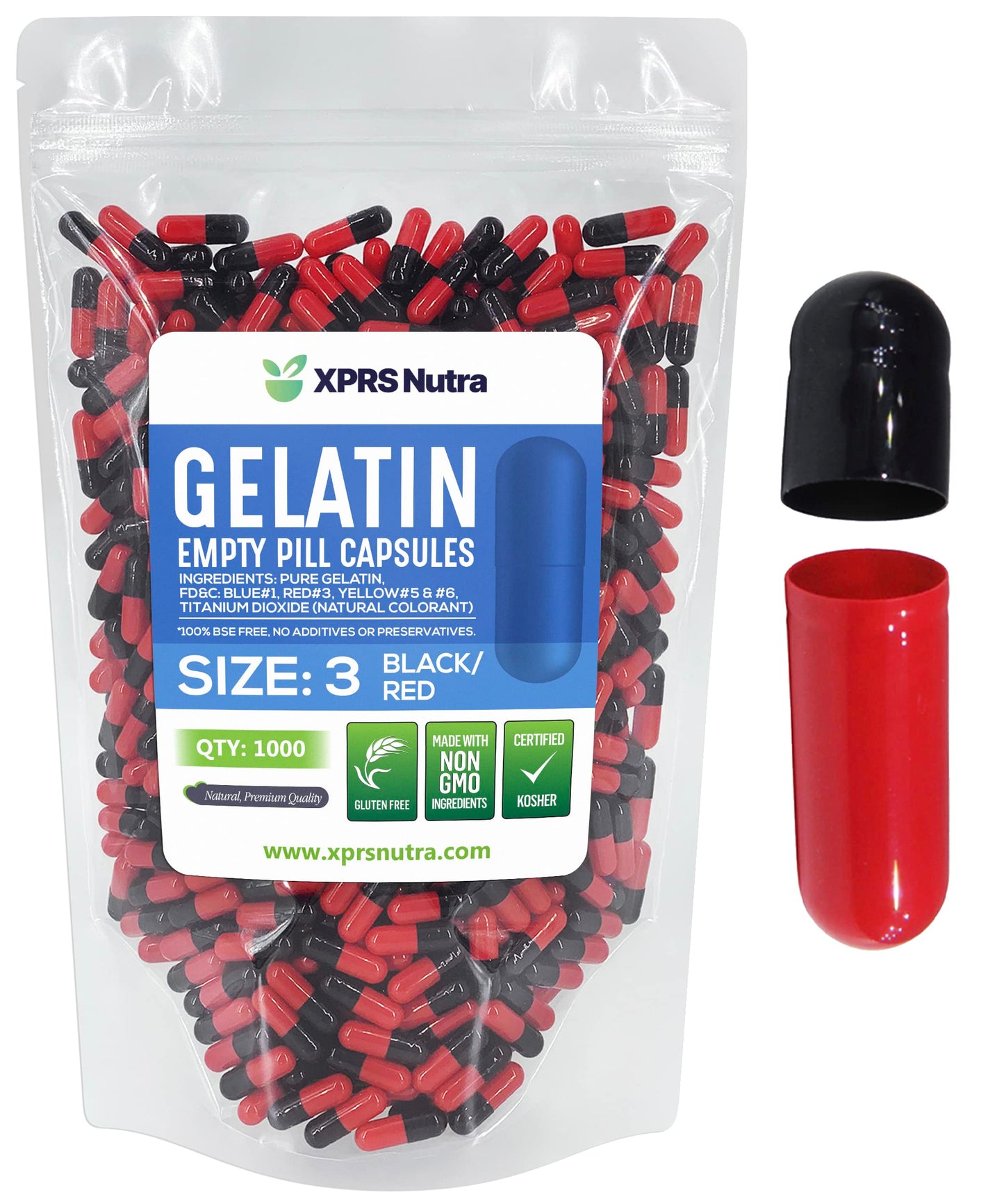 Cápsulas de gelatina vacías negras y rojas en bolsa resellable