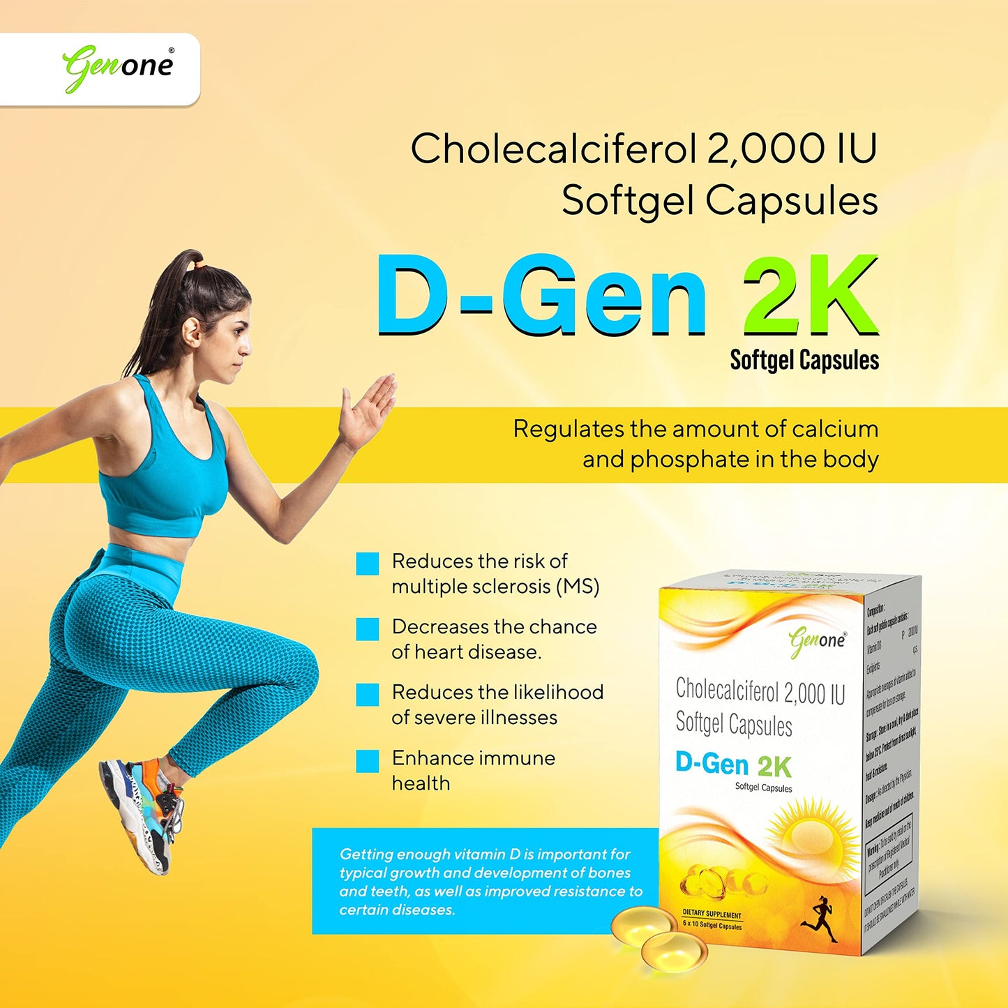 Cápsulas genone dgen 2k vitamin d3 para huesos y sistema inmune