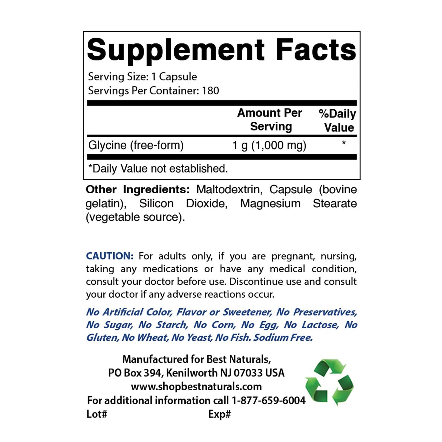 Cápsulas de Glicina 1000 mg Best Naturals para salud