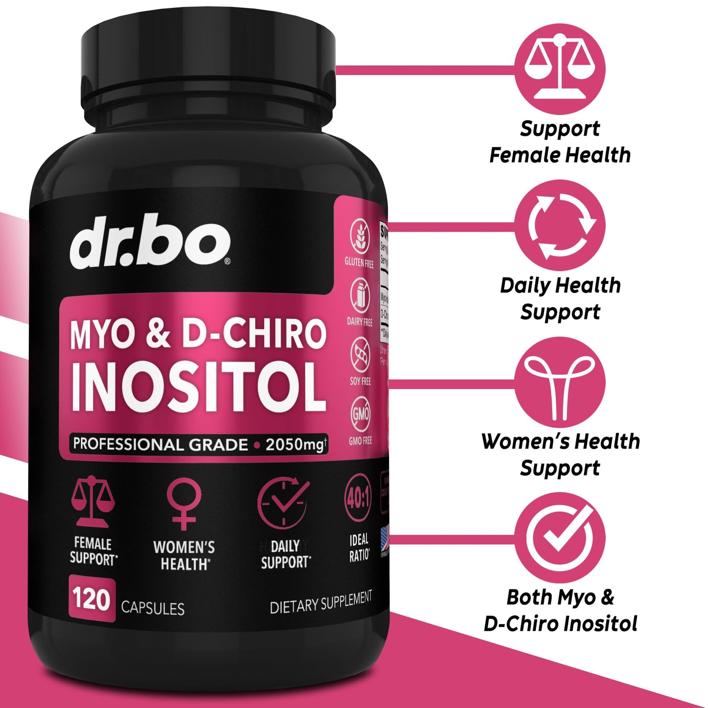 Cápsulas de suplemento de mio-inositol y d-chiro inositol en mano femenina