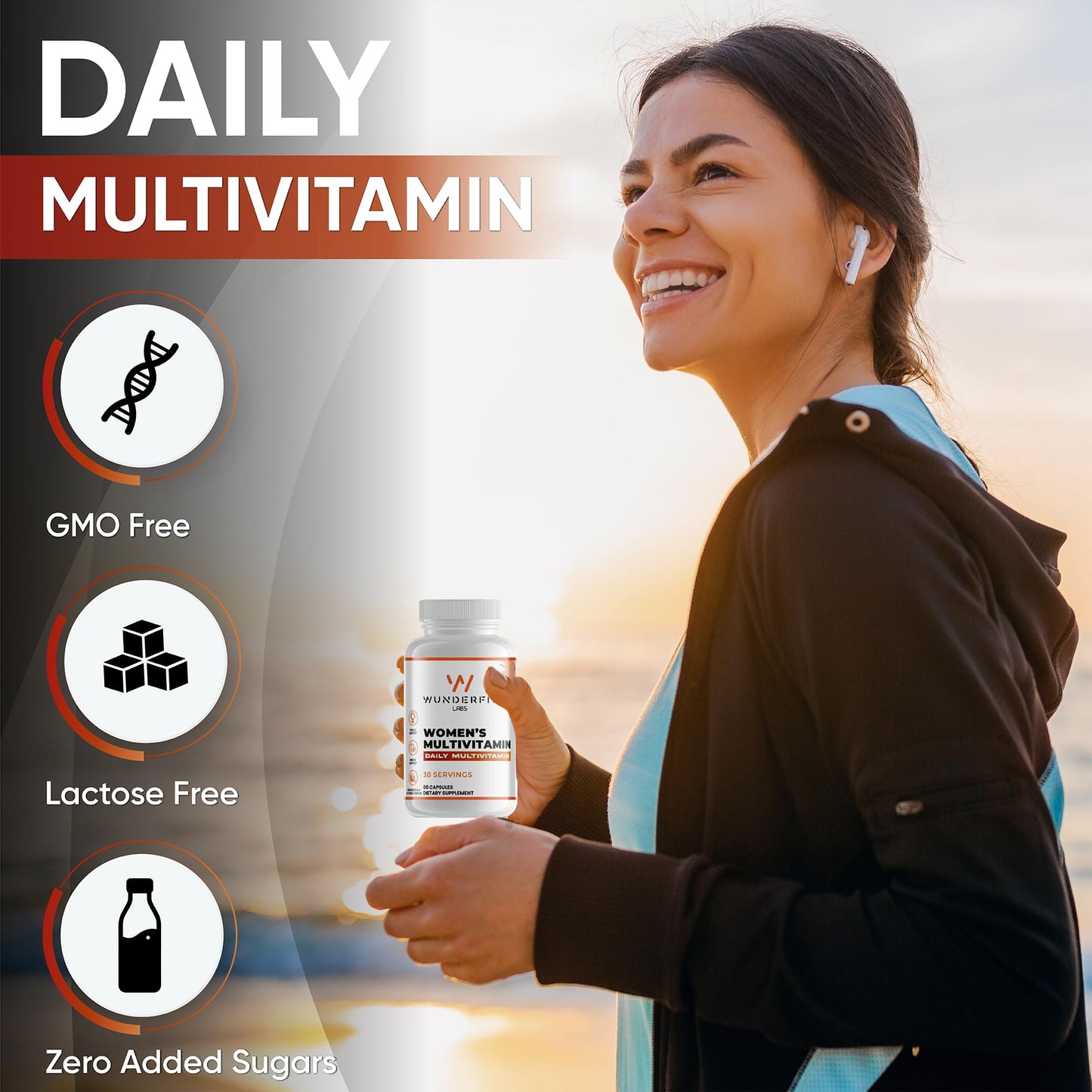 Cápsulas de multivitaminas para mujer Wunderfit Labs en mesa