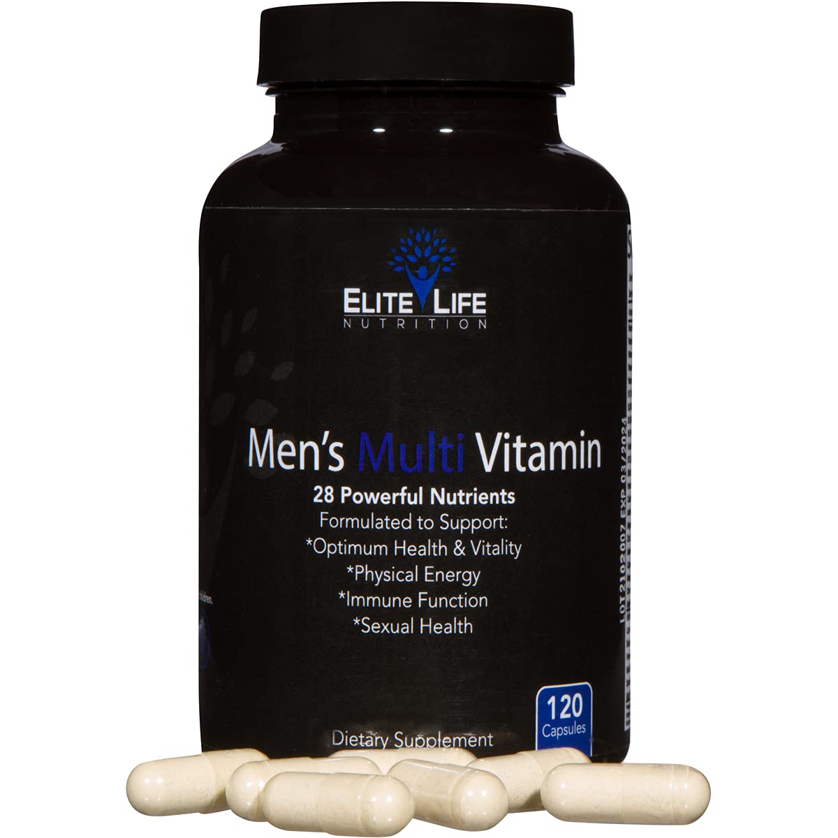 Cápsulas de multivitamínico para hombres junto al frasco