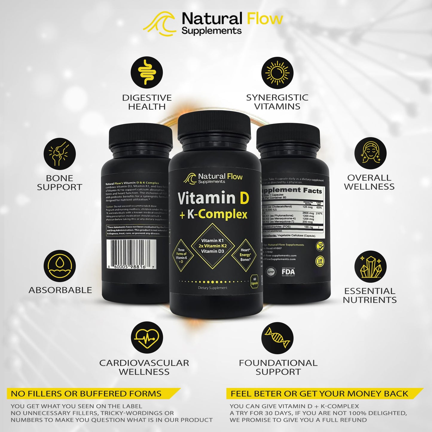 Cápsulas Natural Flow vitamina D3 5000 IU con K2 y K1 alta absorción