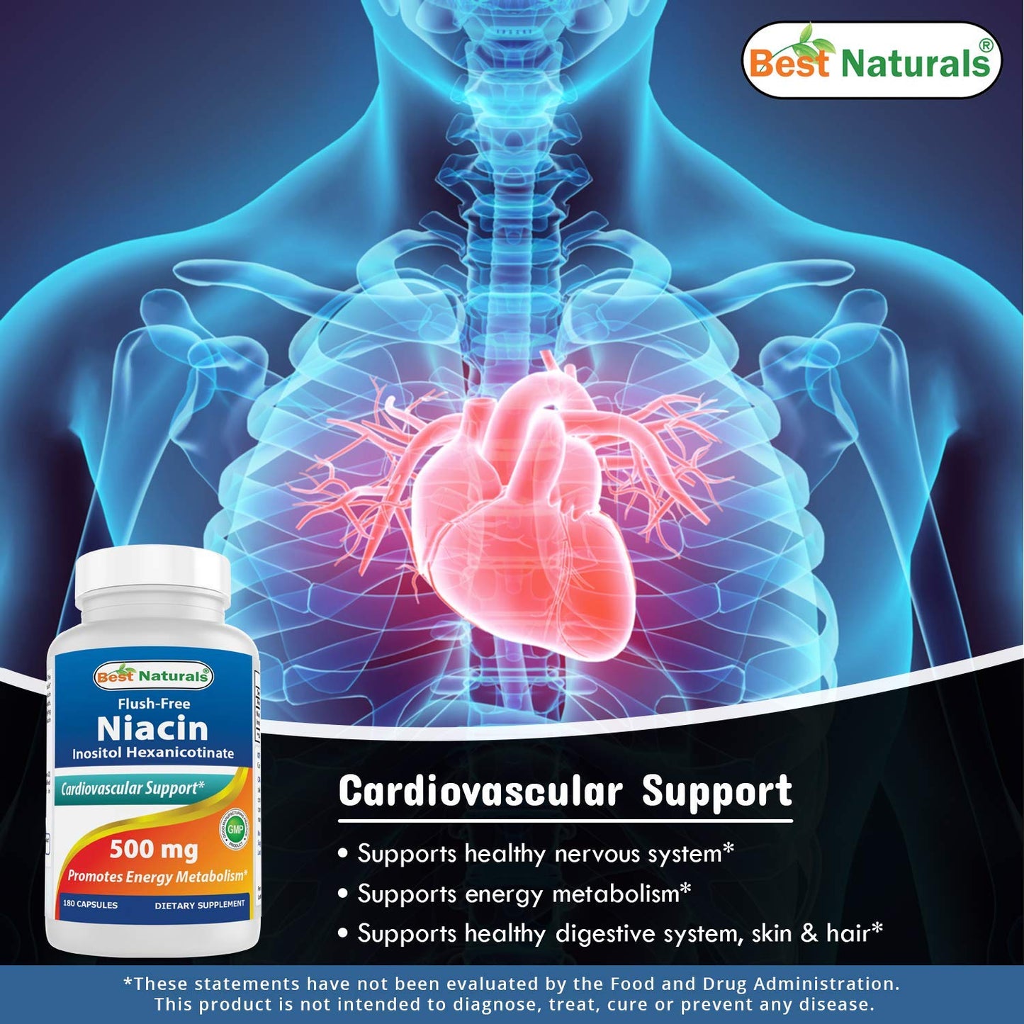 Capsulas de niacina 500 mg sin rubor 180 contadas Best Naturals