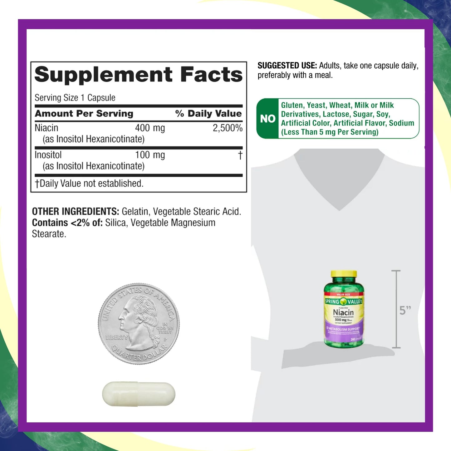 Cápsulas niacina 500 mg sin rubor suplemento Spring Valley 240 pastillas