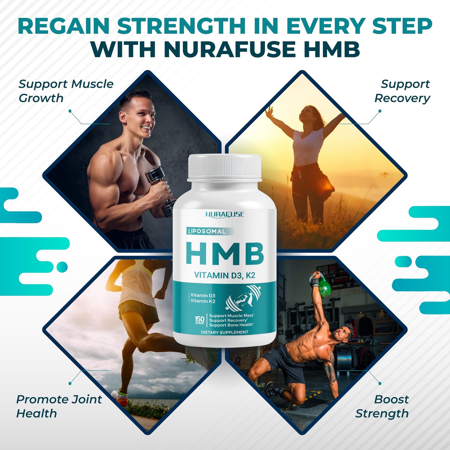 Capsulas Nurafuse HMB con vitaminas D3 y K2 para fitness avanzados