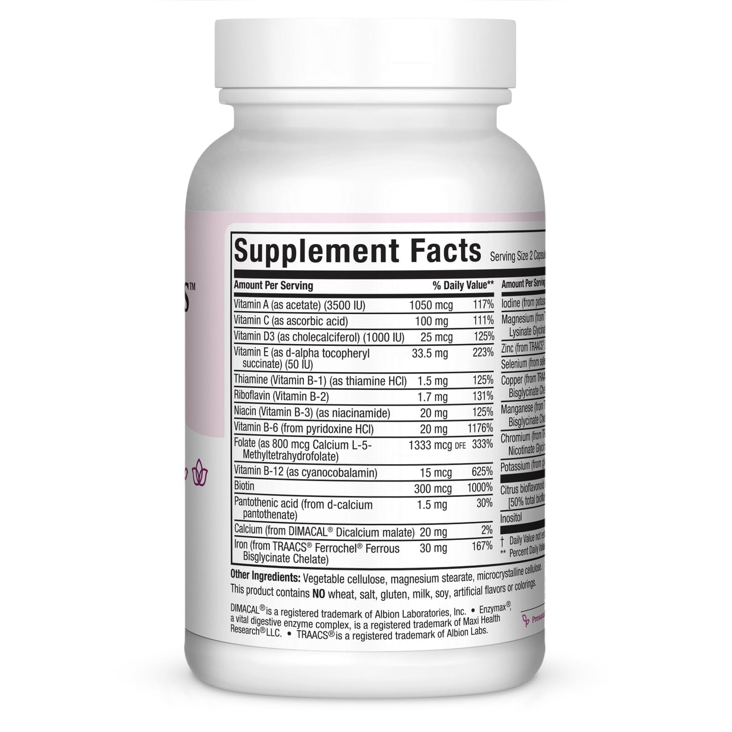 Cápsulas prenatales Maxi Health frasco lateral etiquetas ingredientes