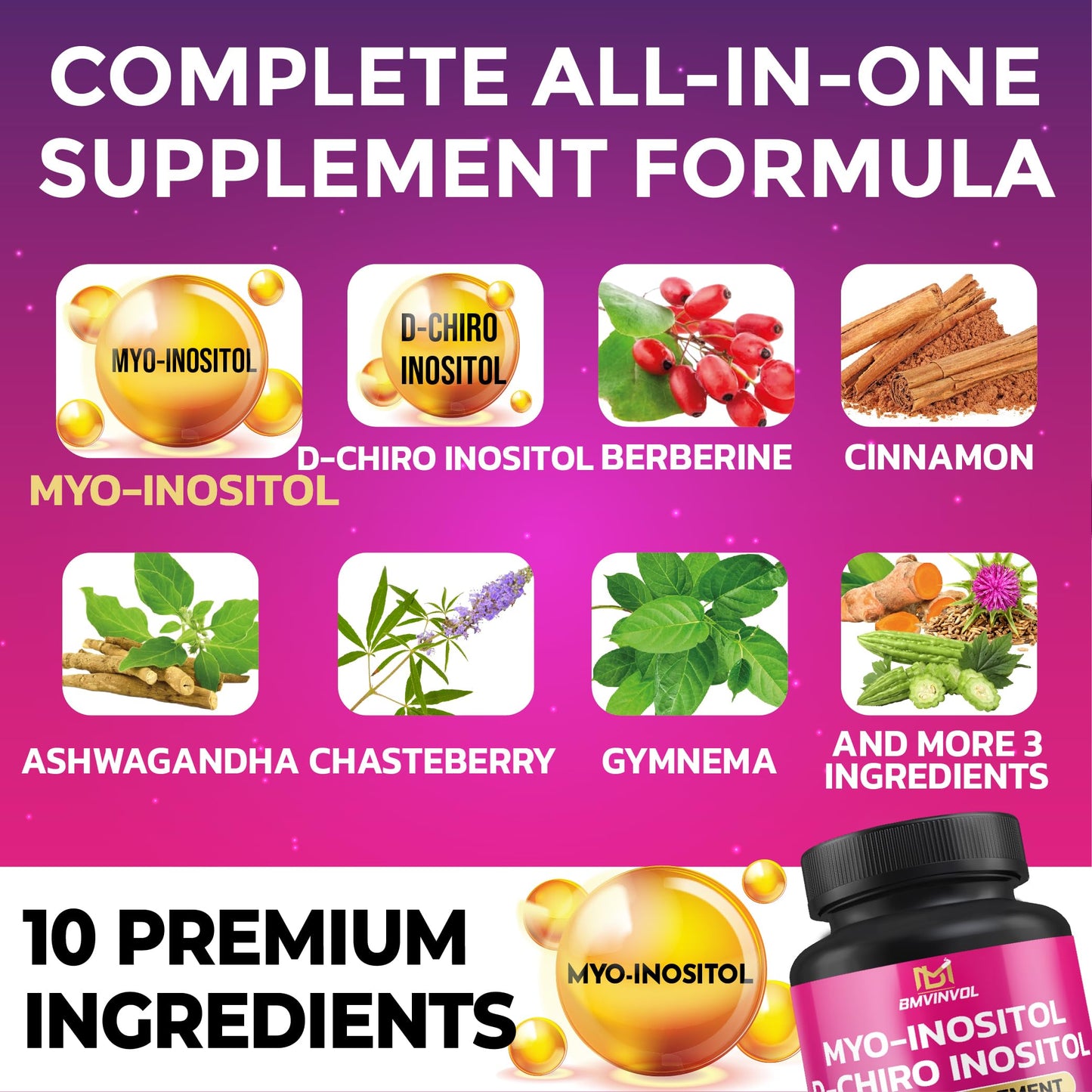 Cápsulas de suplemento BMVINVOL Inositol con berberina y ashwagandha