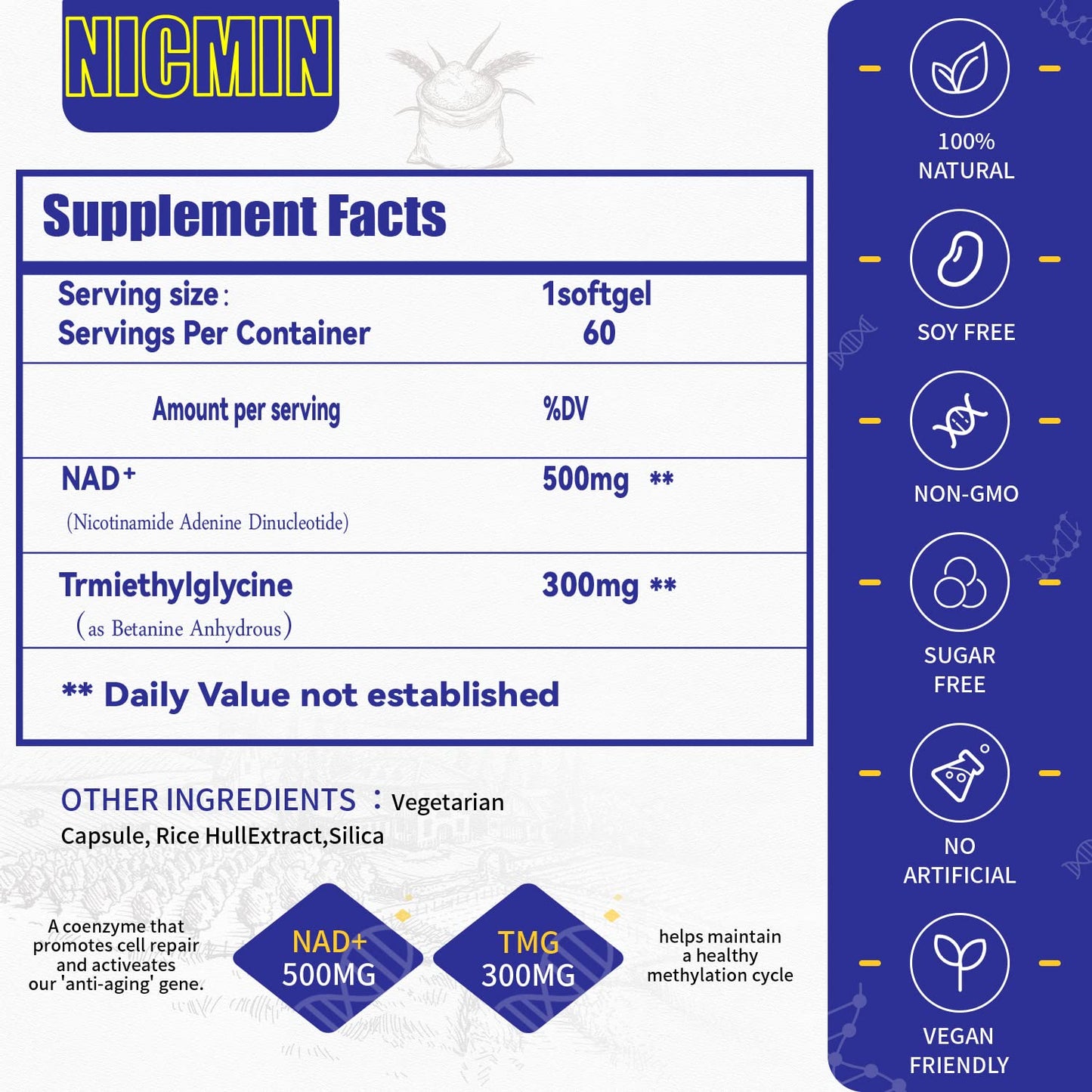Cápsulas del suplemento NAD+ NICMIN para envejecimiento saludable