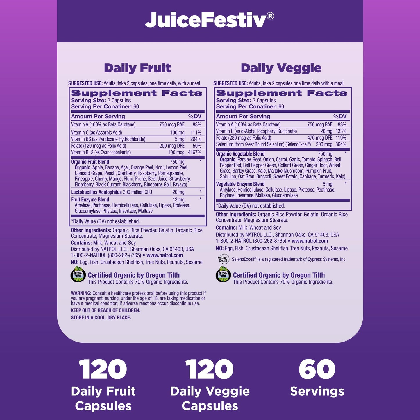 Cápsulas del suplemento orgánico Natrol JuiceFestiv vistas cercanas