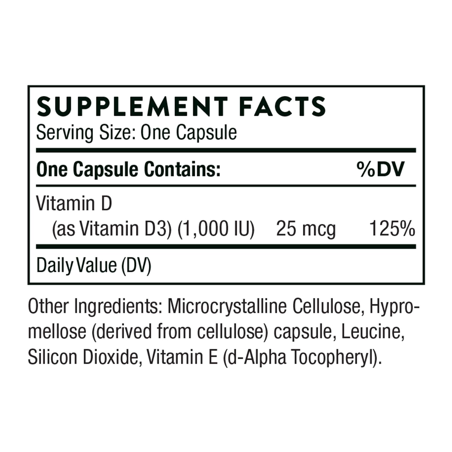 Cápsulas Thorne vitamina D3 1000 UI sin gluten lácteos ni soya