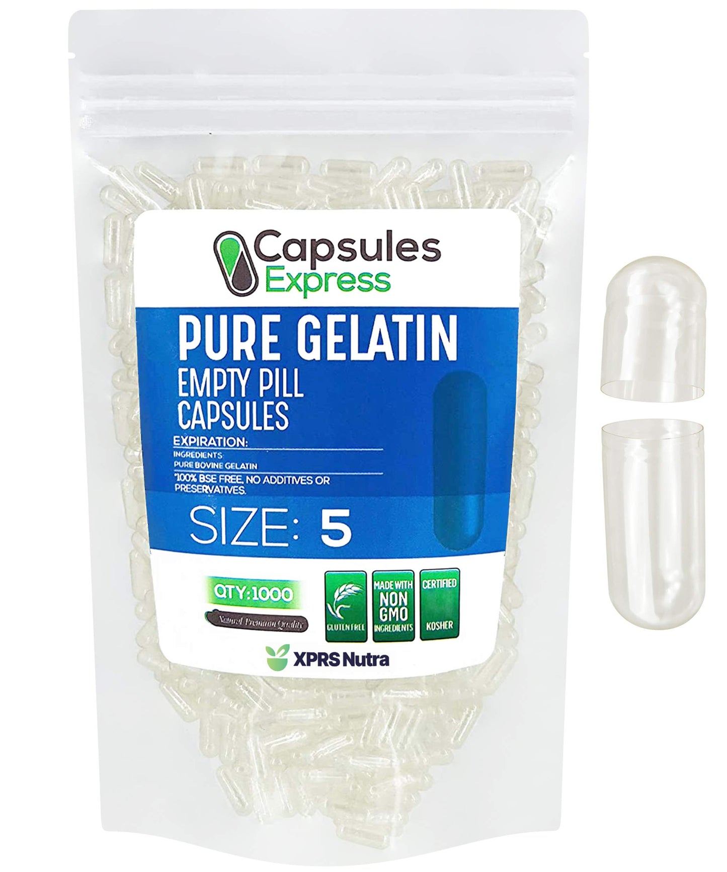 Paquete de cápsulas vacías de gelatina talla 5 XPRS Nutra transparente