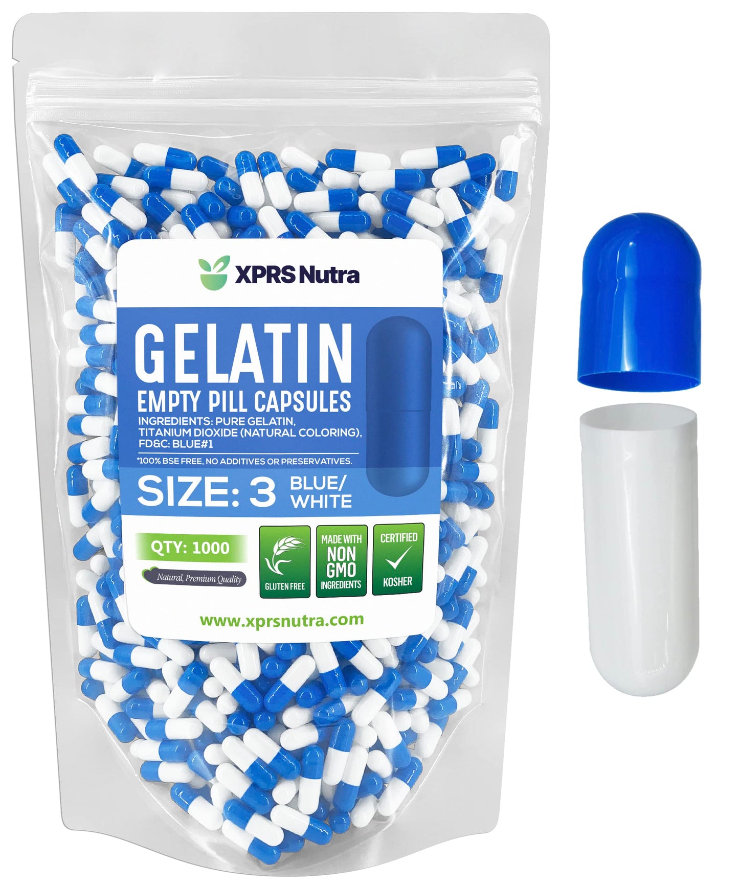 Cápsulas vacías gelatina azul blanco XPRS Nutra