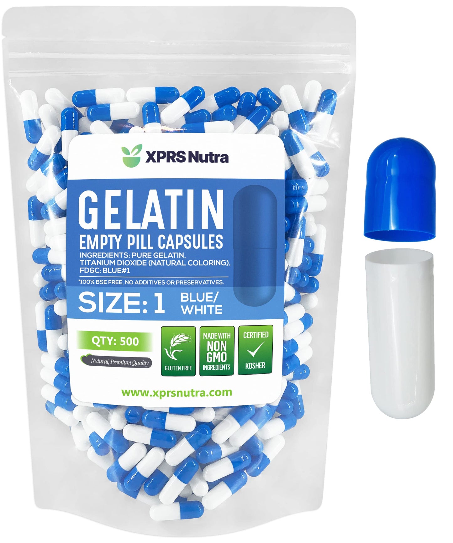 Paquete de cápsulas vacías de gelatina tamaño 1 azul y blanco