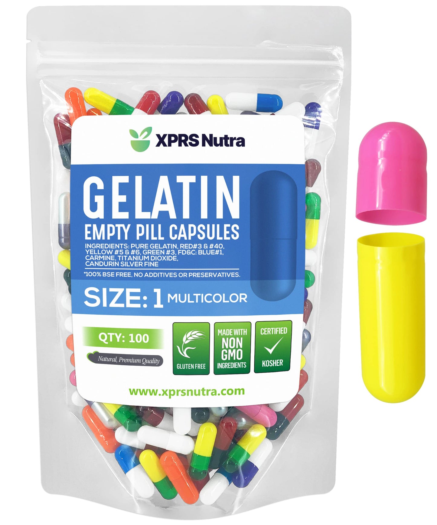 Bolsa de cápsulas vacías gelatina multicolor XPRS Nutra