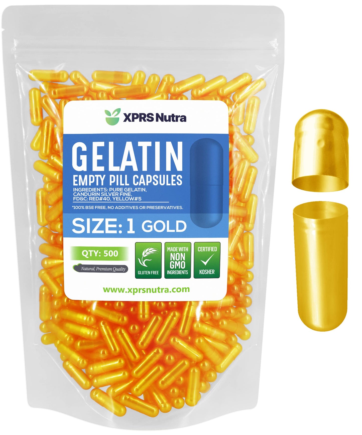 Cápsulas vacías de gelatina oro.