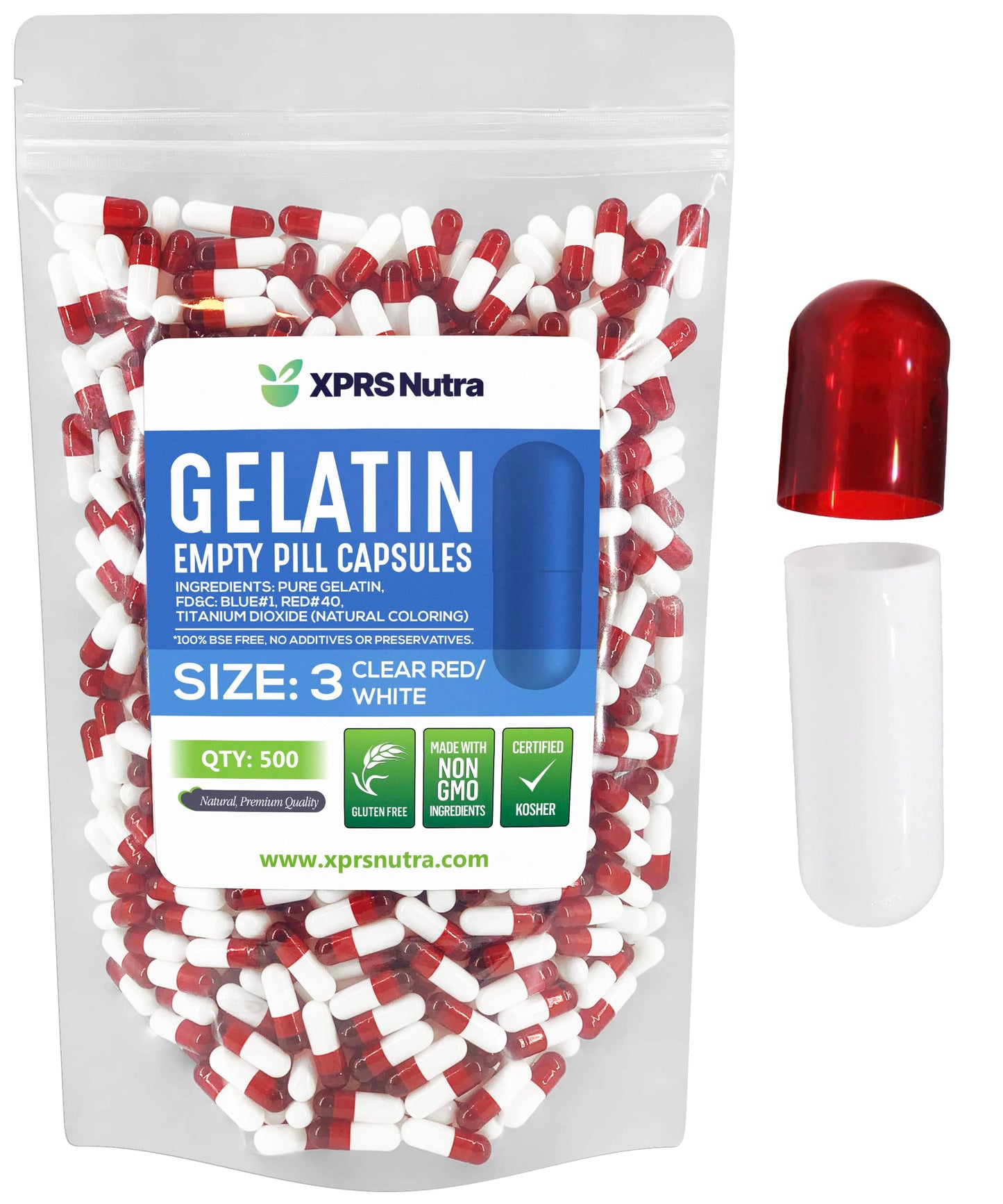 Bolsa de cápsulas vacías gelatina rojo claro y blanco