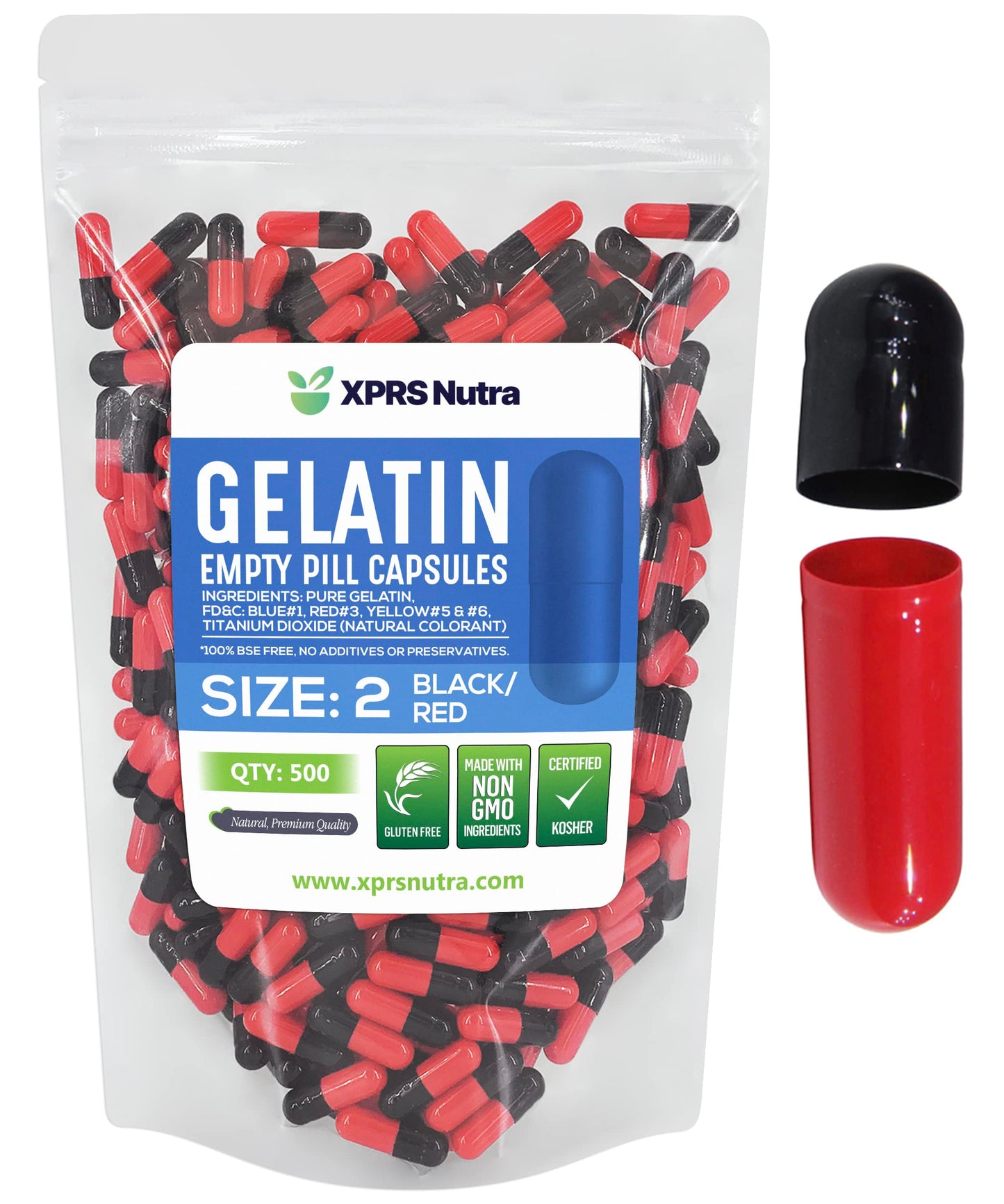 Paquete de cápsulas vacías de gelatina negras y rojas de XPRS Nutra