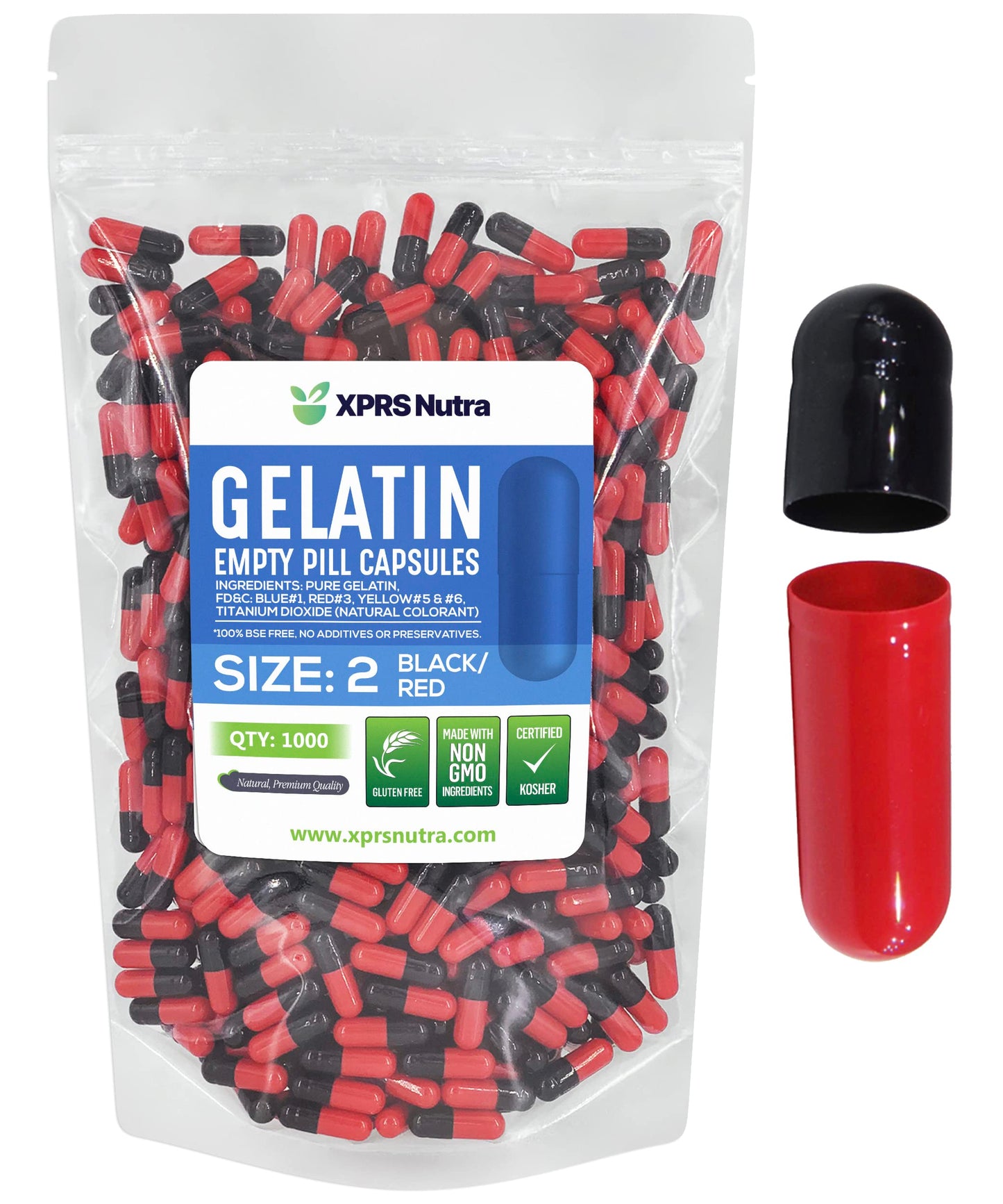Cápsulas vacías de gelatina XPRS Nutra negro y rojo 1000 unidades