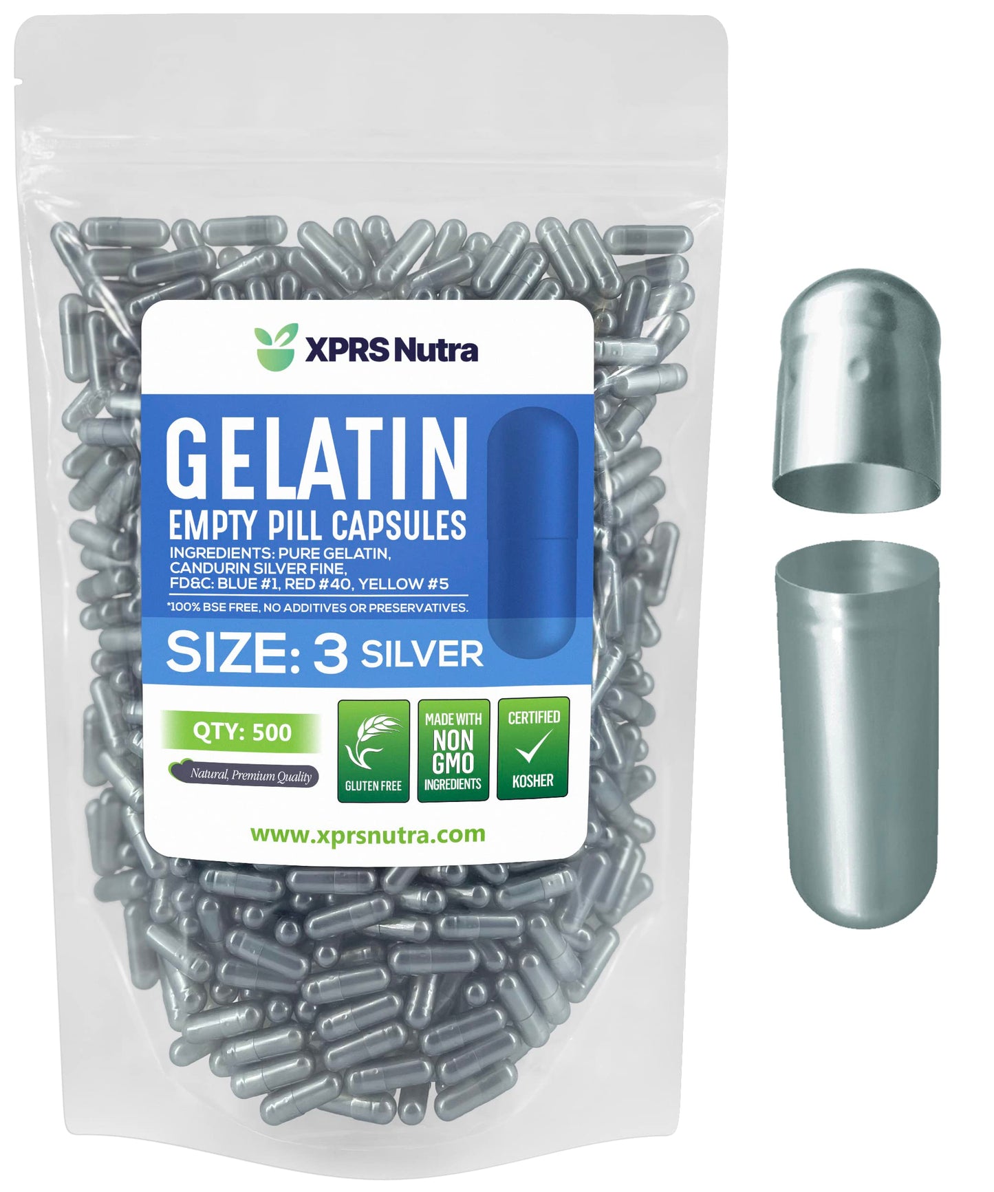 Cápsulas vacías de gelatina XPRS Nutra tamaño 3 plateado