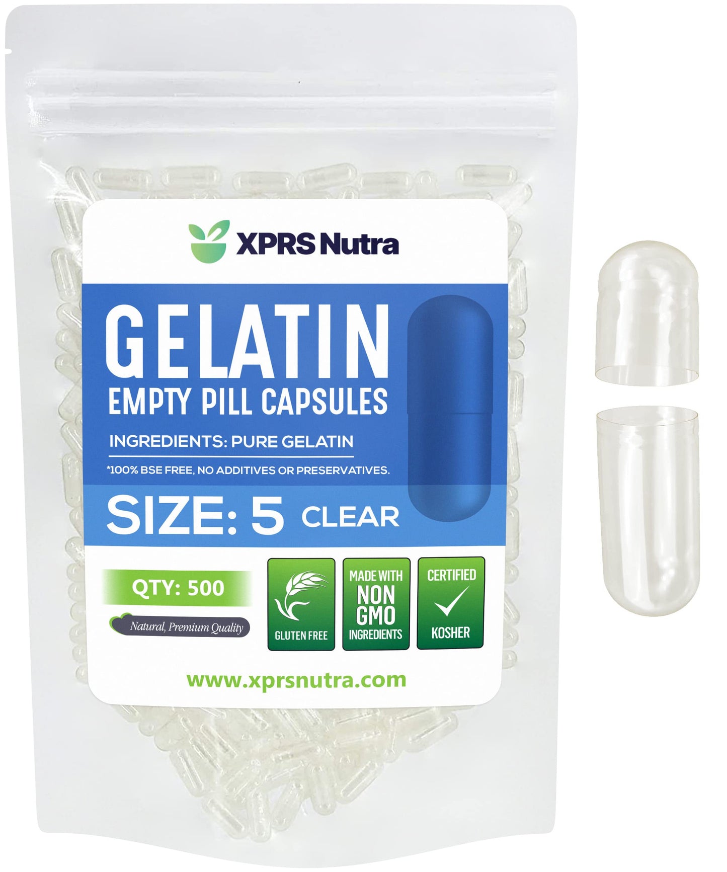 Paquete de cápsulas vacías de gelatina tamaño 5 de XPRS Nutra