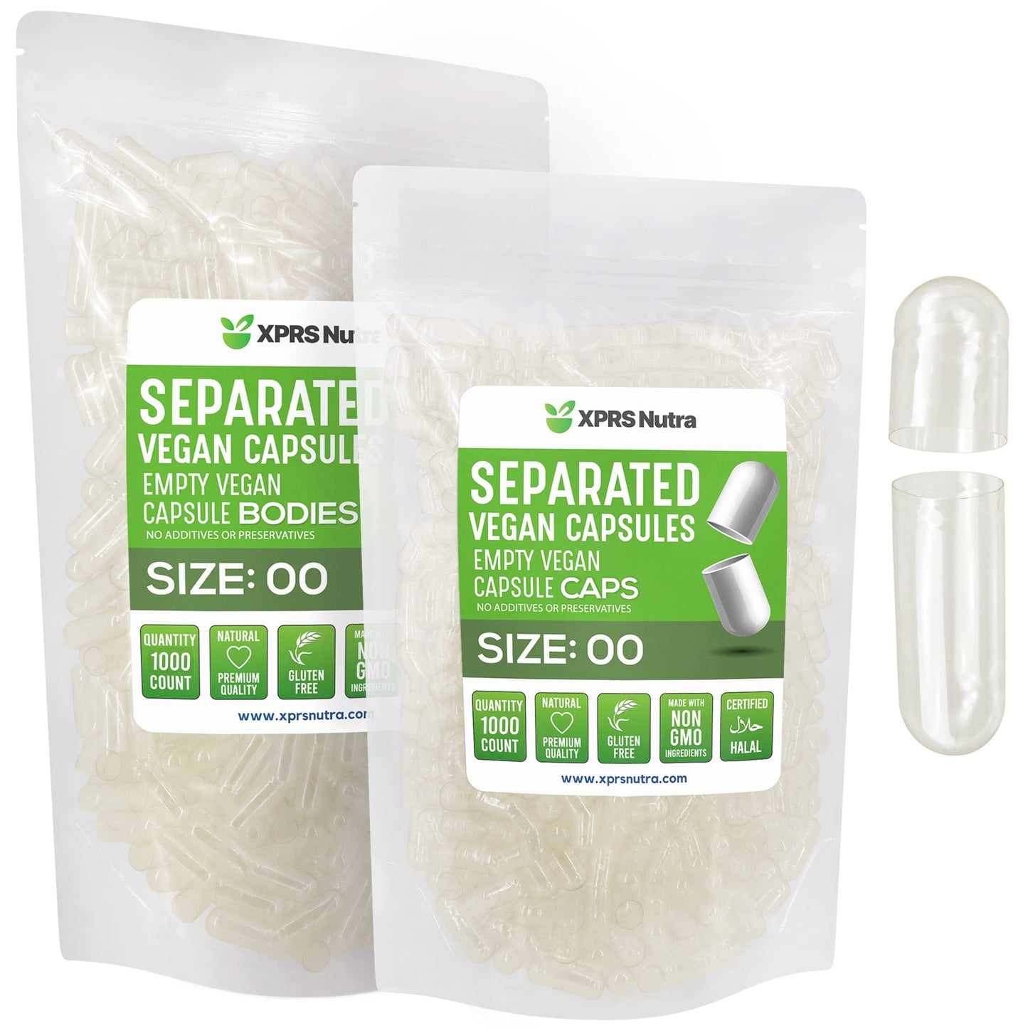 Paquete de cápsulas veganas tamaño 00 XPRS Nutra listas para llenar.