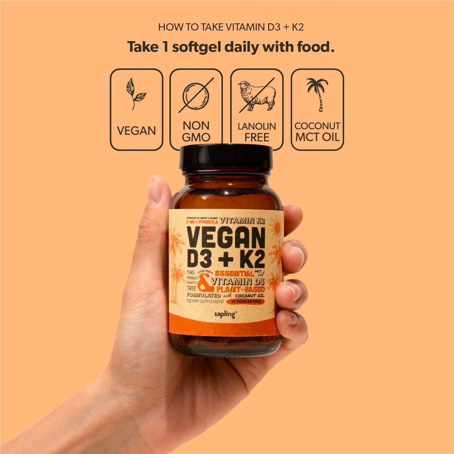 Cápsulas veganas Vitamina D3 y K2 Sapling para huesos sanos