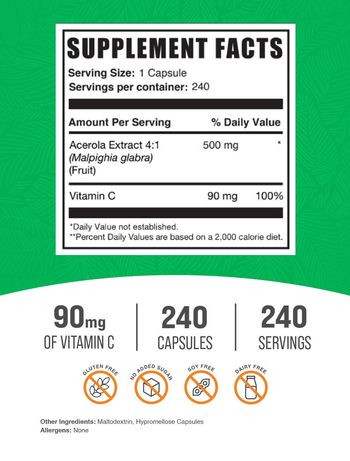 Cápsulas Vegetales BulkSupplements Vitamina C Extracto Acerola