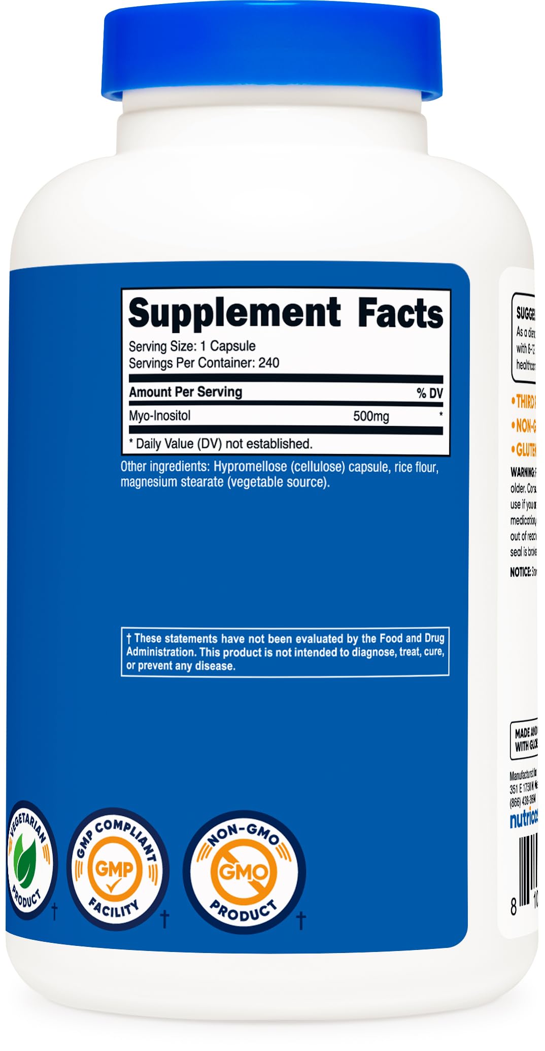 Cápsulas vegetales Myo-Inositol Nutricost 500mg