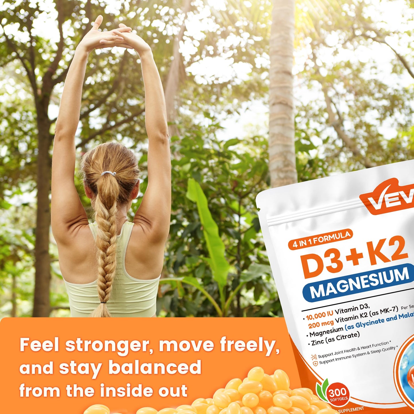Cápsulas vegetales VEV vitamina D3 K2 magnesio y zinc