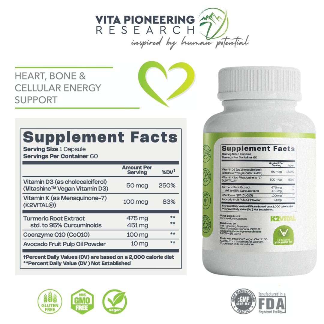 Cápsulas vitamina D3 y K2 MK-7 con cúrcuma y CoQ10 para salud