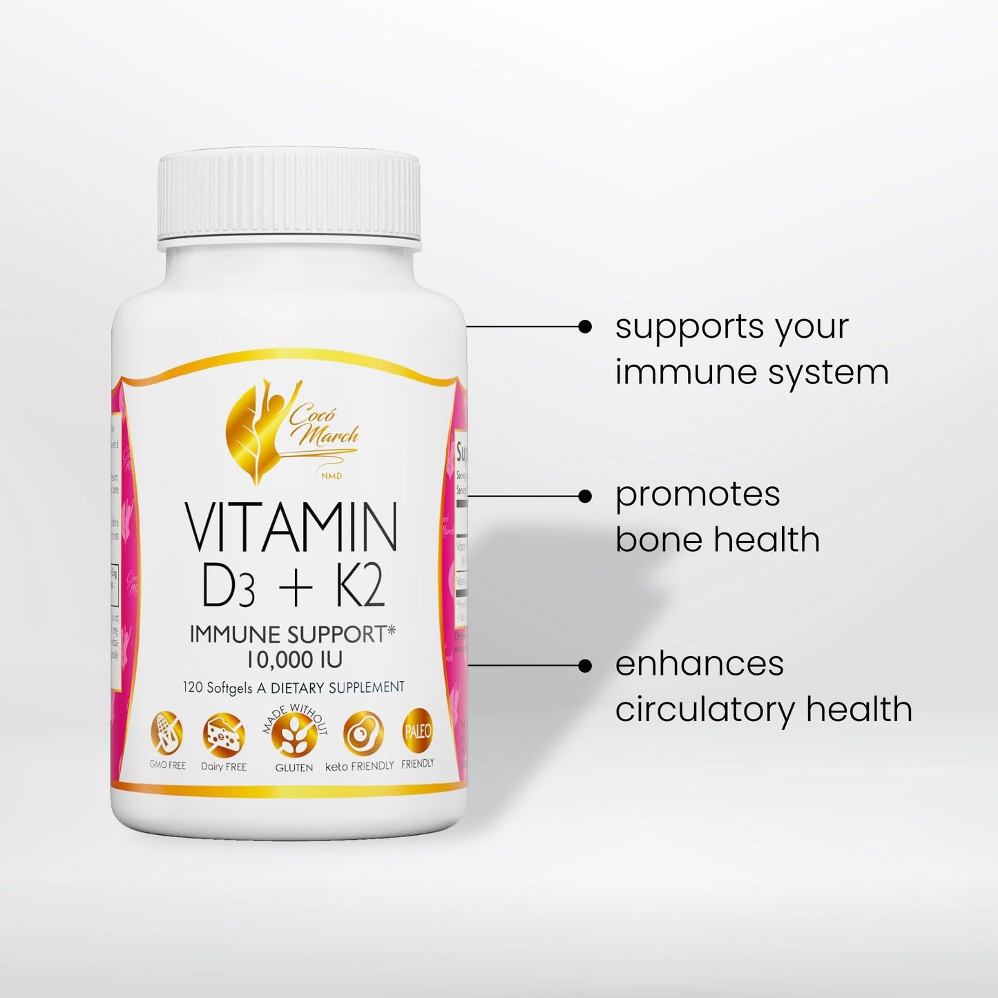 Imagen de cápsulas de vitamina D3+K2 con detalles en la caja.