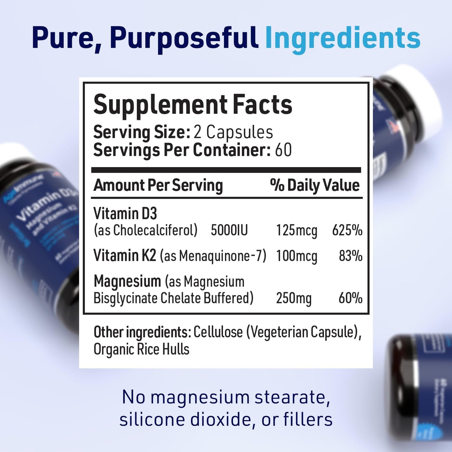 Cápsulas suplementarias de Vitamina D3, K2 y Magnesio en envase