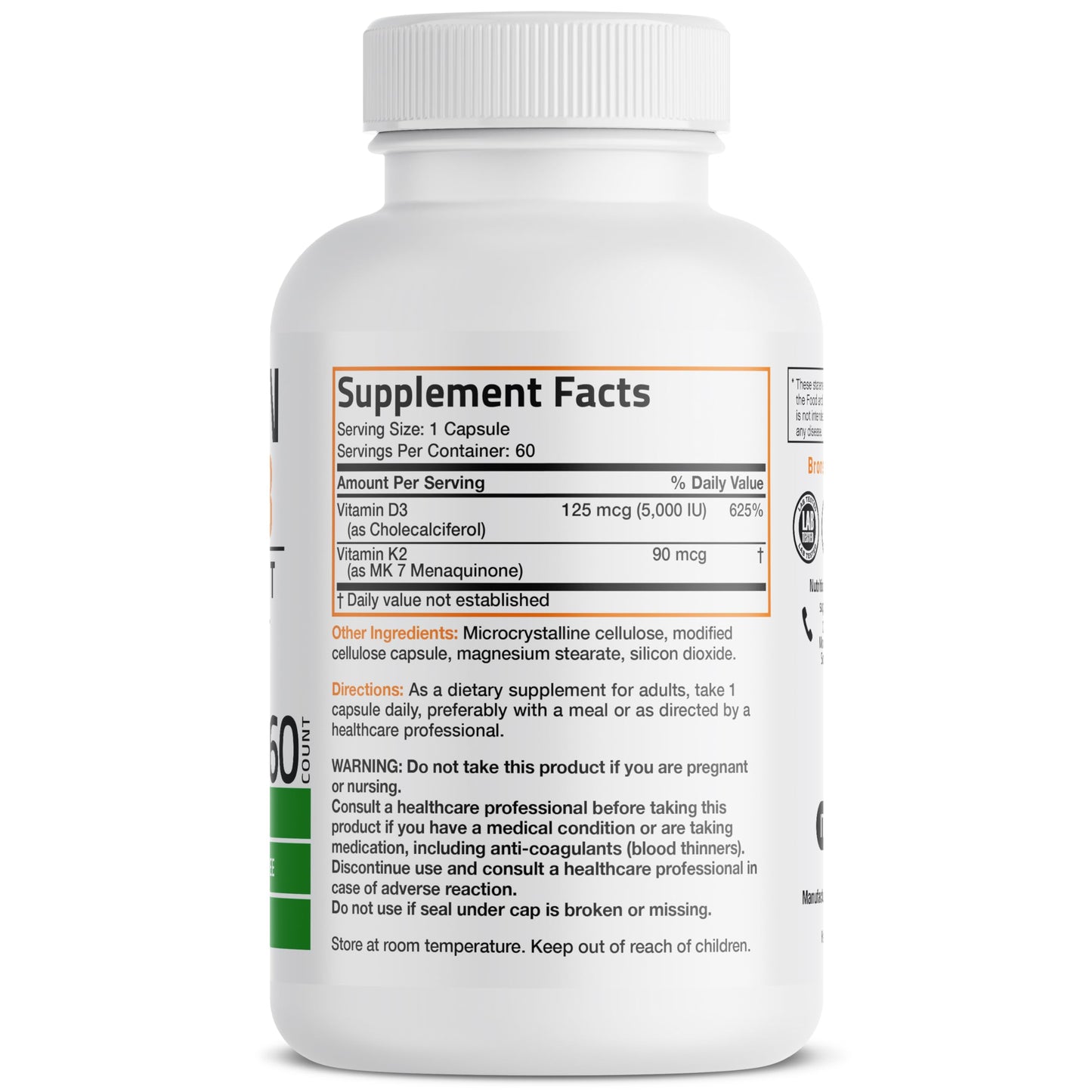 Cápsulas vitamina d3 k2 mk7 bronson no ogm 60 unidades