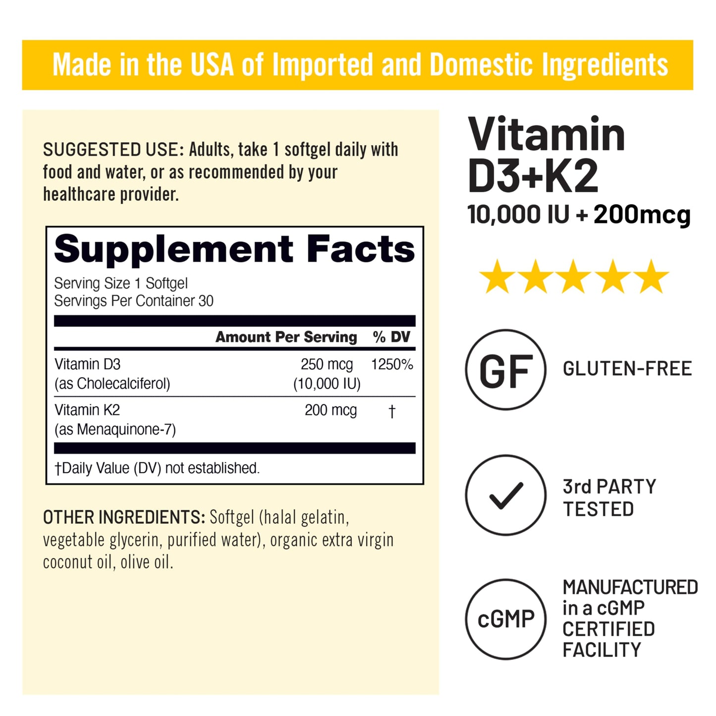Cápsulas amarillas de vitamina D3 y K2 NatureWise para salud ósea