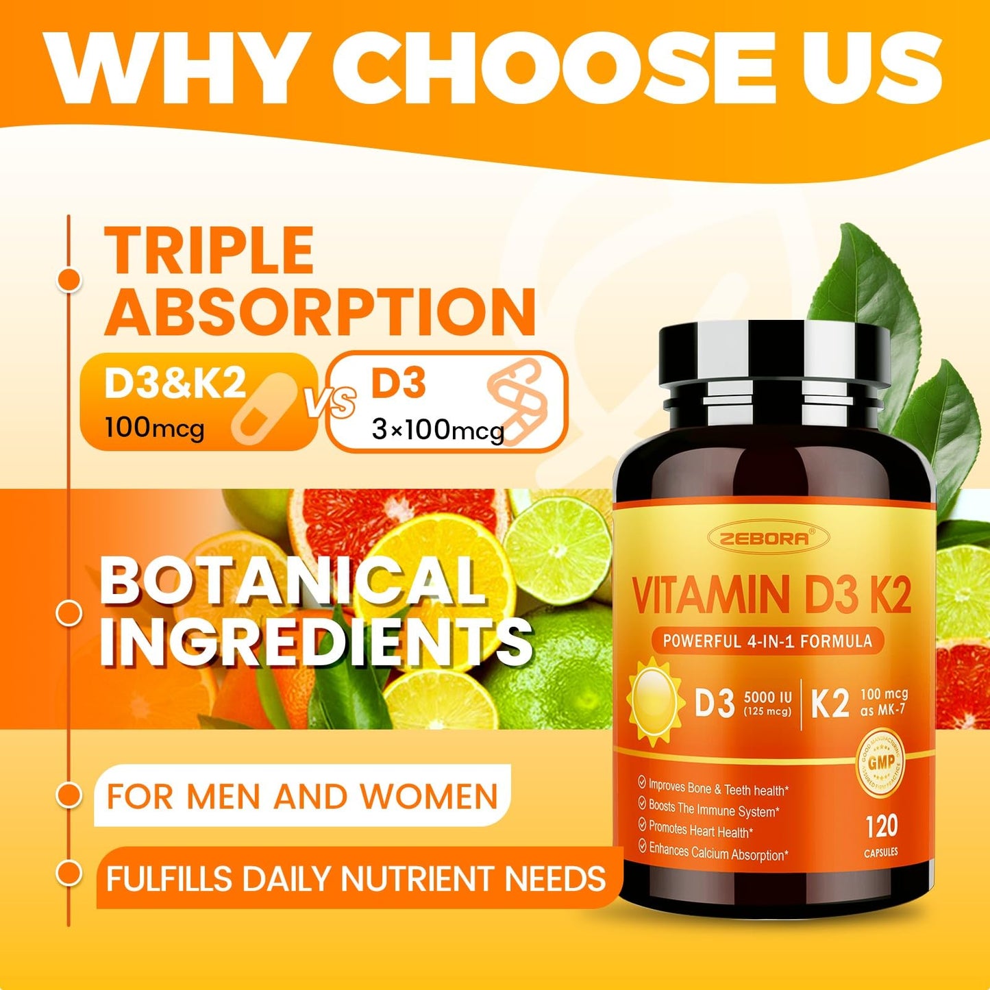 Cápsulas de vitamina D3 K2 ZEBORA efecto triple