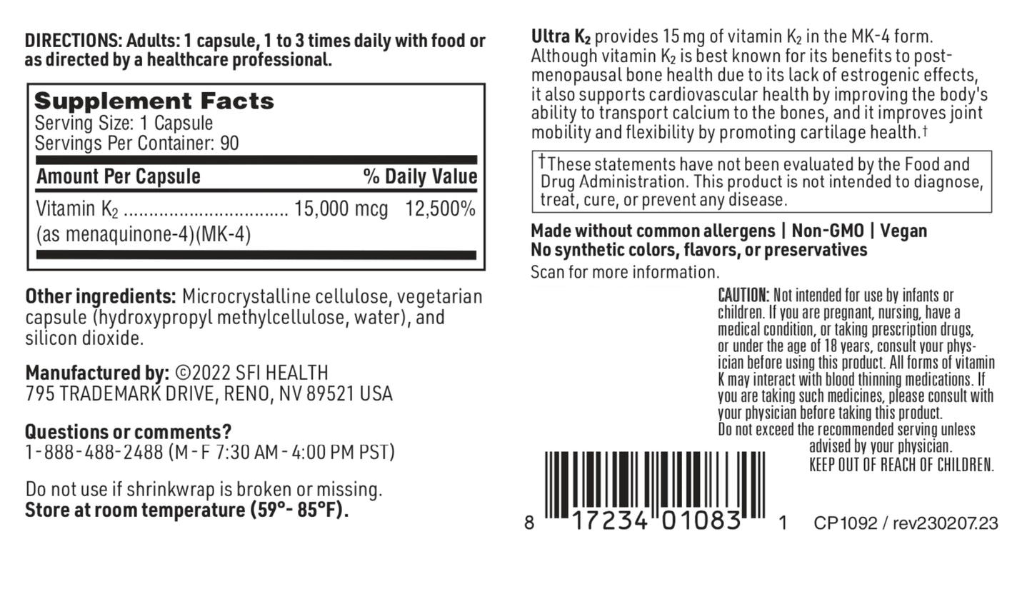 Cápsulas de vitamina k2 ultra k2 klaire labs suplemento huesos corazón