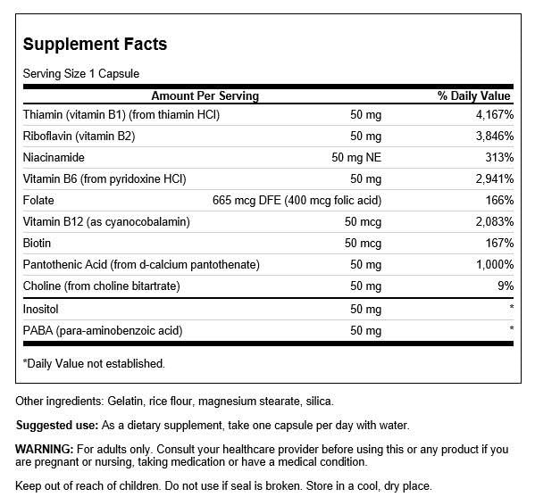 Cápsulas vitaminas B-50 Swanson para apoyo energético y metabolismo