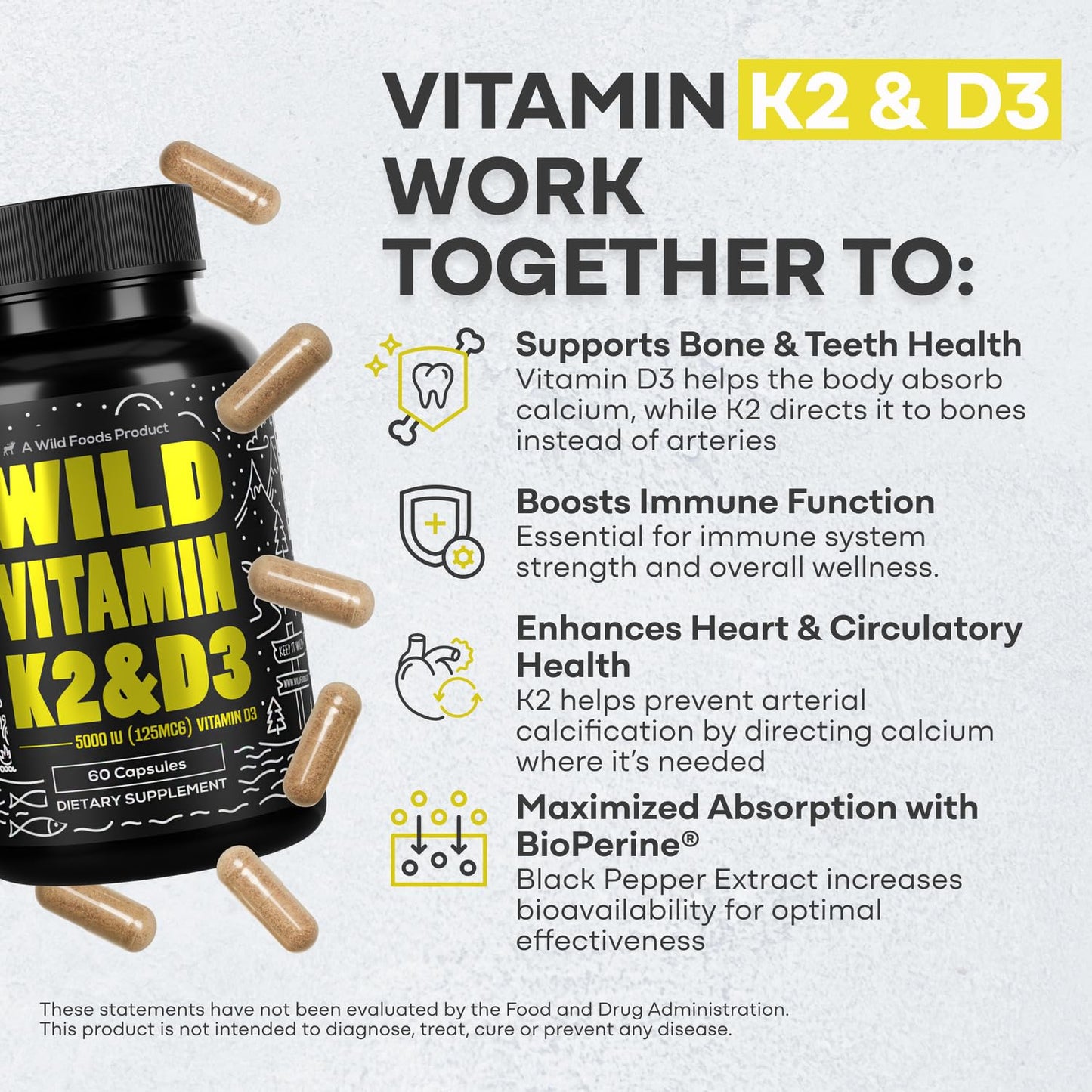 Cápsulas Wild Foods vitamina D3 K2 sobre fondo blanco