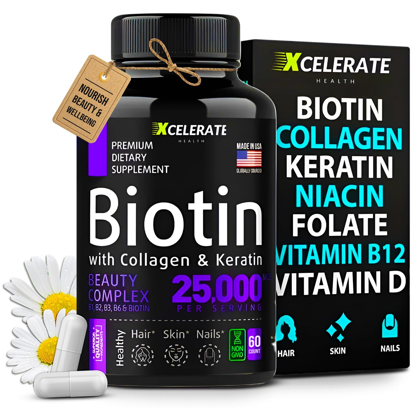 Cápsulas de Xcelerate con biotina y queratina.
